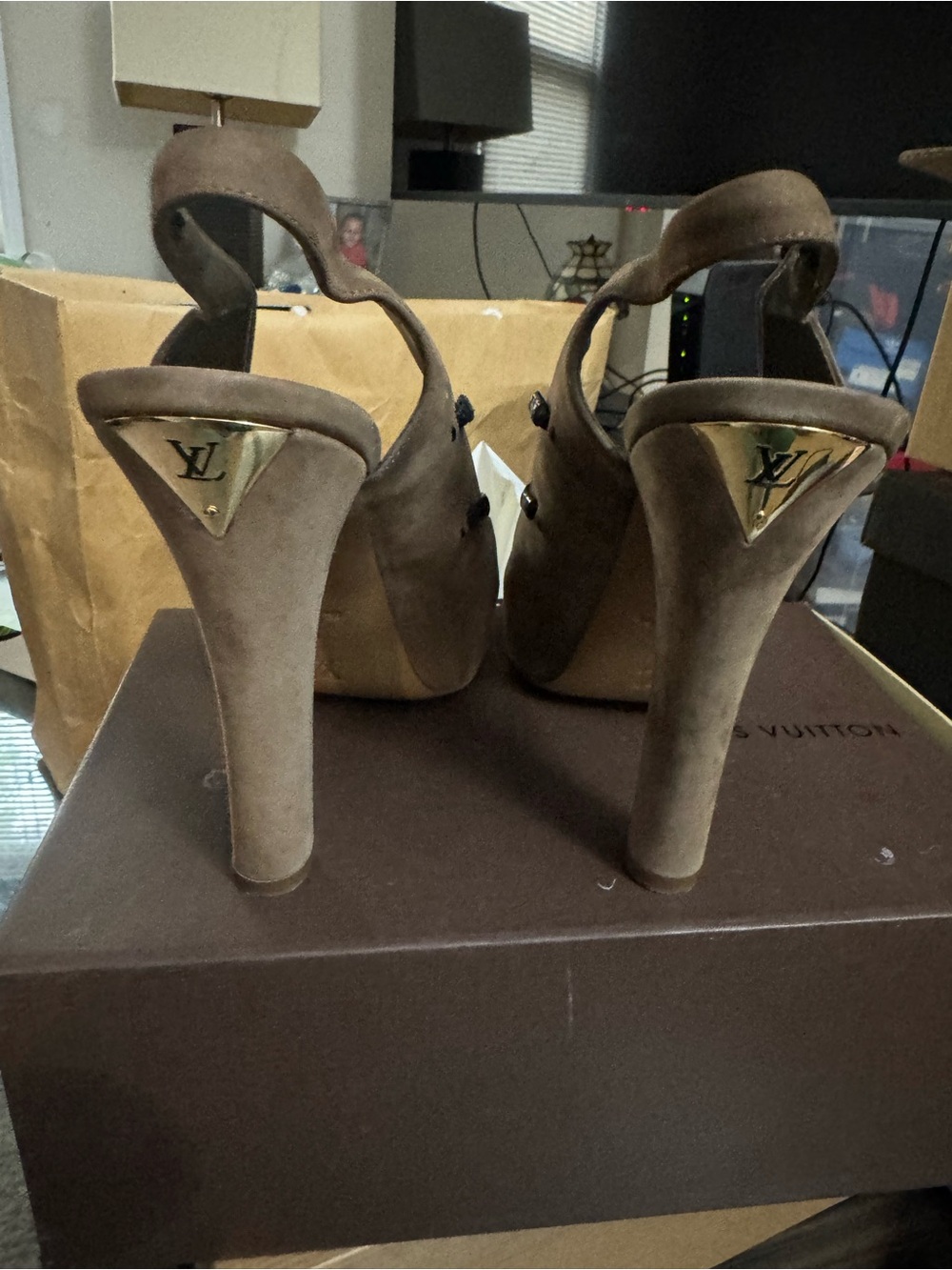 Louis Vuitton Taupe Suede Platform Heels with Gold LV Accents